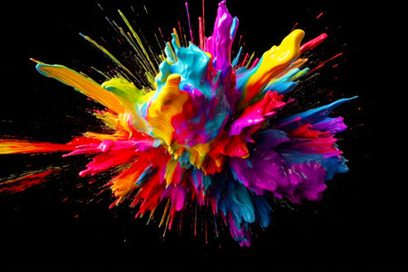 Multicolored explosion of colored powder on black background stock photo. Generative AI.の素材
