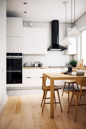 Kitchen with table and chairs and stove in the middle of the room. Generative AI.の素材