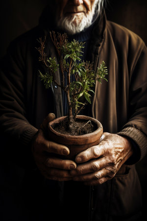 Man holding potted plant with dirt on it's hands. Generative AI.の素材