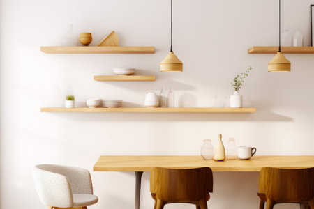 Room with table, chairs, shelves and vase on the wall. Generative AI.の素材