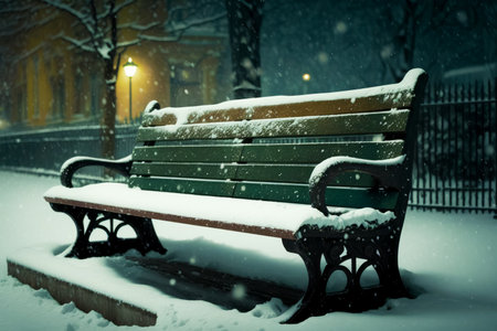 Green park bench covered in snow in city park during snowstorm. Generative AI.の素材