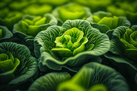 Group of green lettuce plants growing in the field of green lettuce. Generative AI.の素材