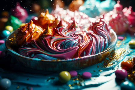Close up of cake on plate with candy on the side. Generative AI.の素材