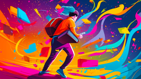 Man with backpack and book in his hand is walking through colorful background. Generative AI.の素材