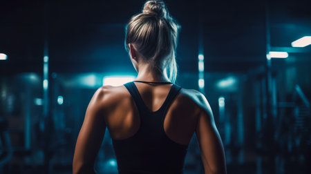 Woman standing in dark room with her back turned to the camera. Generative AI.の素材