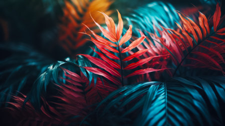 Close up of plant with red and blue leaves in the background. Generative AI.の素材