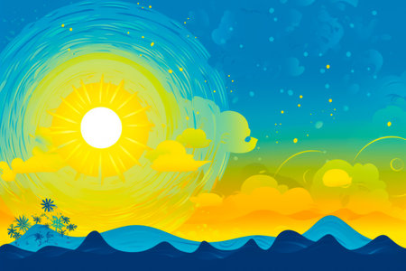 Image of sunset over the ocean with palm tree in the foreground. Generative AI.の素材