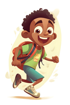 Cartoon boy with backpack running with smile on his face and smile on his face. Generative AI.の素材