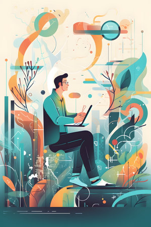 Man sitting on chair with laptop in front of him, surrounded by abstract shapes. Generative AI.の素材