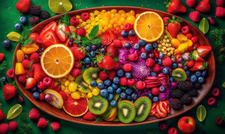 Platter filled with lots of different types of fruits and vegetables on top of green table. Generative AI.の素材