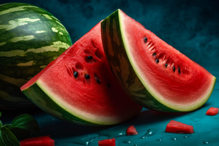 Two slices of watermelon next to each other on blue surface. Generative AI.の素材
