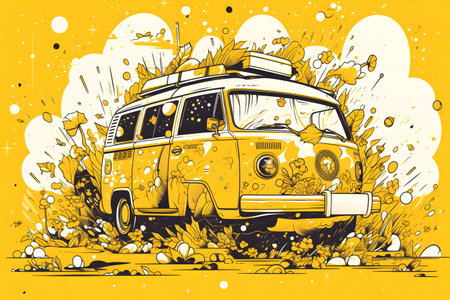 Yellow van with surfboard on top of it's roof. Generative AI.の素材