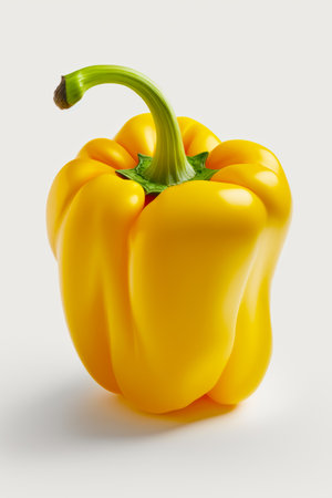 Close up of yellow pepper with green stem on white background. Generative AI.の素材