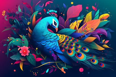 Colorful bird sitting on top of tree filled with leaves and flowers. Generative AI.の素材