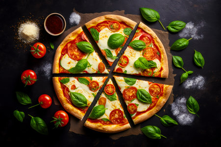 Sliced pizza with basil, tomatoes, and mozzarella on it. Generative AI.