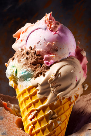 Three scoops of ice cream in waffle cone on table. Generative AI.の素材