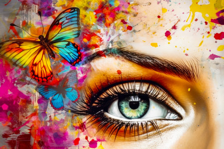 Woman's eye with butterfly painted on the side of it. Generative AI.の素材