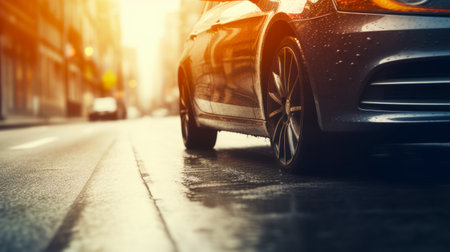 Car parked on the side of the road in the rain with it's lights on. Generative AI.の素材