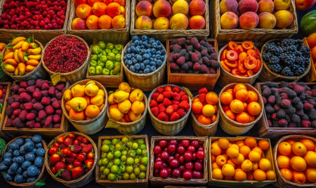 Bunch of baskets filled with lots of different fruits next to each other. Generative AI.の素材