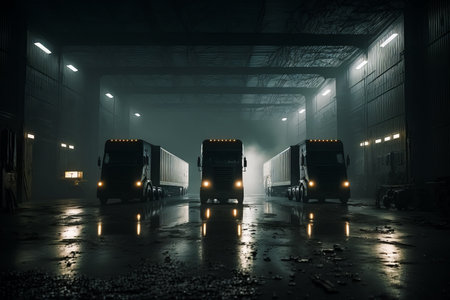 Group of semi trucks parked in warehouse with foggy flooring. Generative AI.の素材