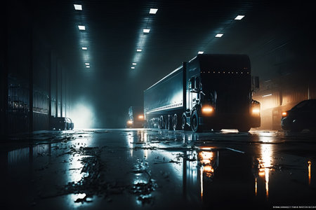 Group of semi trucks driving down wet road at night with lights on. Generative AI.の素材