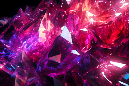 Close up of bunch of pink and purple crystals on black background. Generative AI.の素材