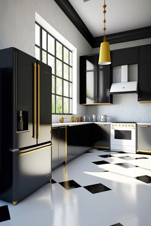 Kitchen with checkered floor and black and white tiles on the floor. Generative AI.の素材