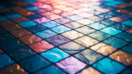 Close up of multicolored glass mosaic tile flooring pattern. Generative AI.の素材