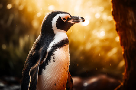 Penguin is standing in the rain with it's head turned to the side. Generative AI.の素材