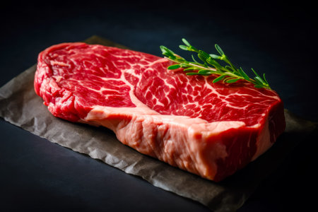 Piece of meat with sprig of rosemary on top of it. Generative AI.の素材