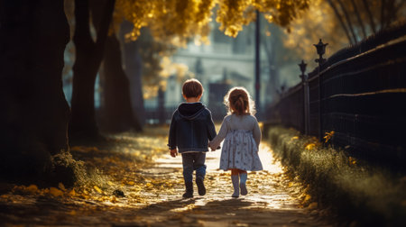 Couple of kids walking down street next to tree filled forest. Generative AI.の素材