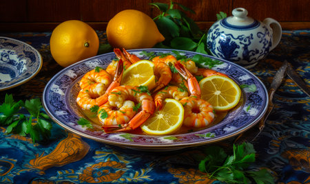 Plate of cooked shrimp with lemons and parsley on table. Generative AI.の素材