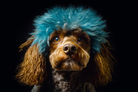 Dog with blue wig on it's head looking at the camera. Generative AI.の素材