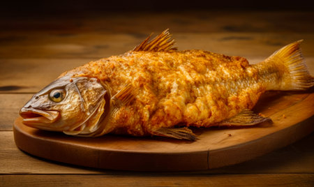 Close up of fish on cutting board on table with knife. Generative AI.の素材
