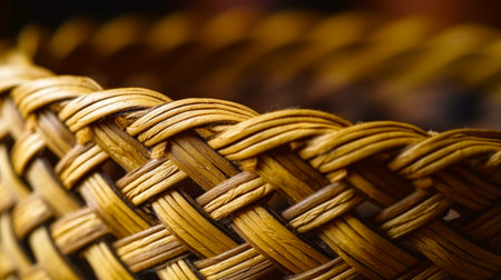 Close up of woven basket on wooden table with blurry background. Generative AI.の素材