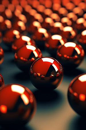 Group of shiny red balls sitting on top of black counter top. Generative AI.の素材