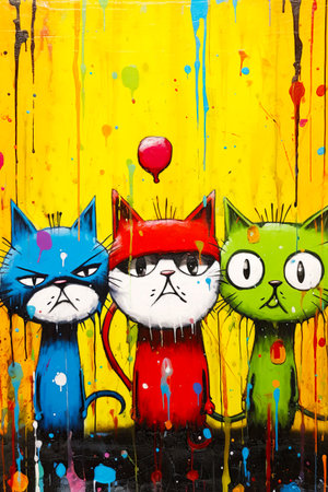 Image of three cats standing in front of painting of balloon. Generative AI.の素材