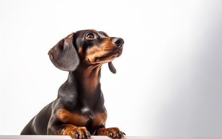 Dachshund sitting on white surface with its tongue hanging out. Generative AI.の素材