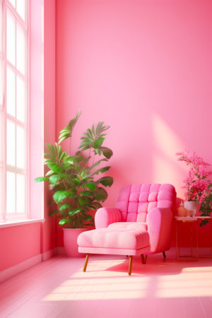 Pink room with chair and potted plant in the corner. Generative AI.の素材