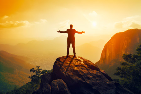 Man standing on top of large rock with his arms wide open. Generative AI.の素材