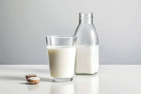 Glass of milk next to bottle of milk on white table. Generative AI.の素材