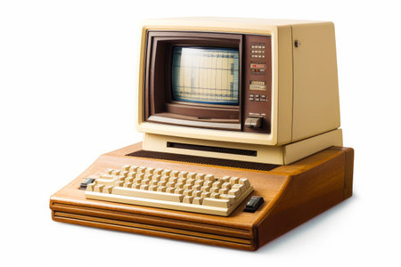 Old computer with keyboard and mouse on wooden stand with white background. Generative AI.の素材
