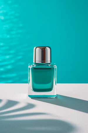 Bottle of perfume sitting on top of table next to pool. Generative AI.の素材