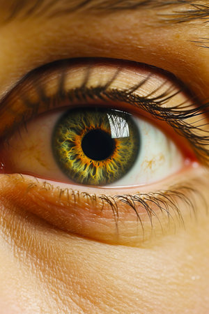 Close up of person's eye with green and yellow iris. Generative AI.の素材