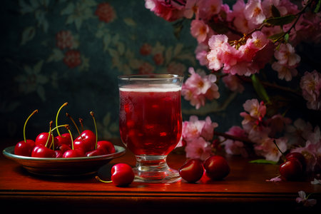 Glass of cherry juice next to bowl of cherries on table. Generative AI.の素材