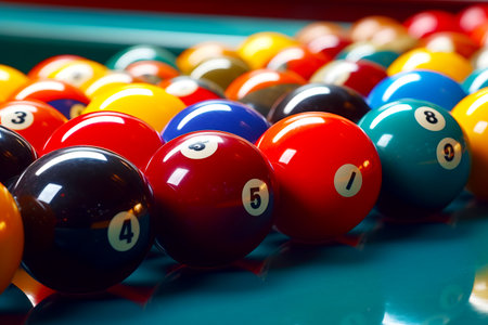 Row of pool balls sitting on top of pool cues table. Generative AI.の素材