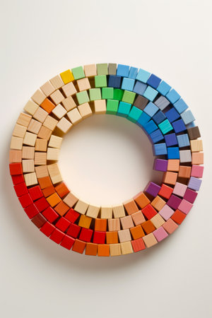 Multicolored circle made up of wooden blocks on white surface. Generative AI.の素材