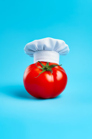 Tomato with chef's hat on top of it on blue background. Generative AI.の素材