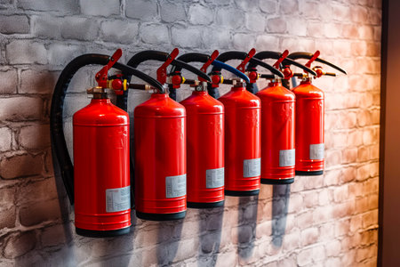 Row of red fire extinguishers hanging on brick wall. Generative AI.の素材
