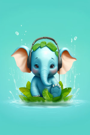 Blue elephant with headphones sitting on top of leafy plant. Generative AI.の素材